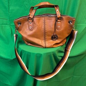 Michael Kors Tan Leather Satchel with Striped Strap